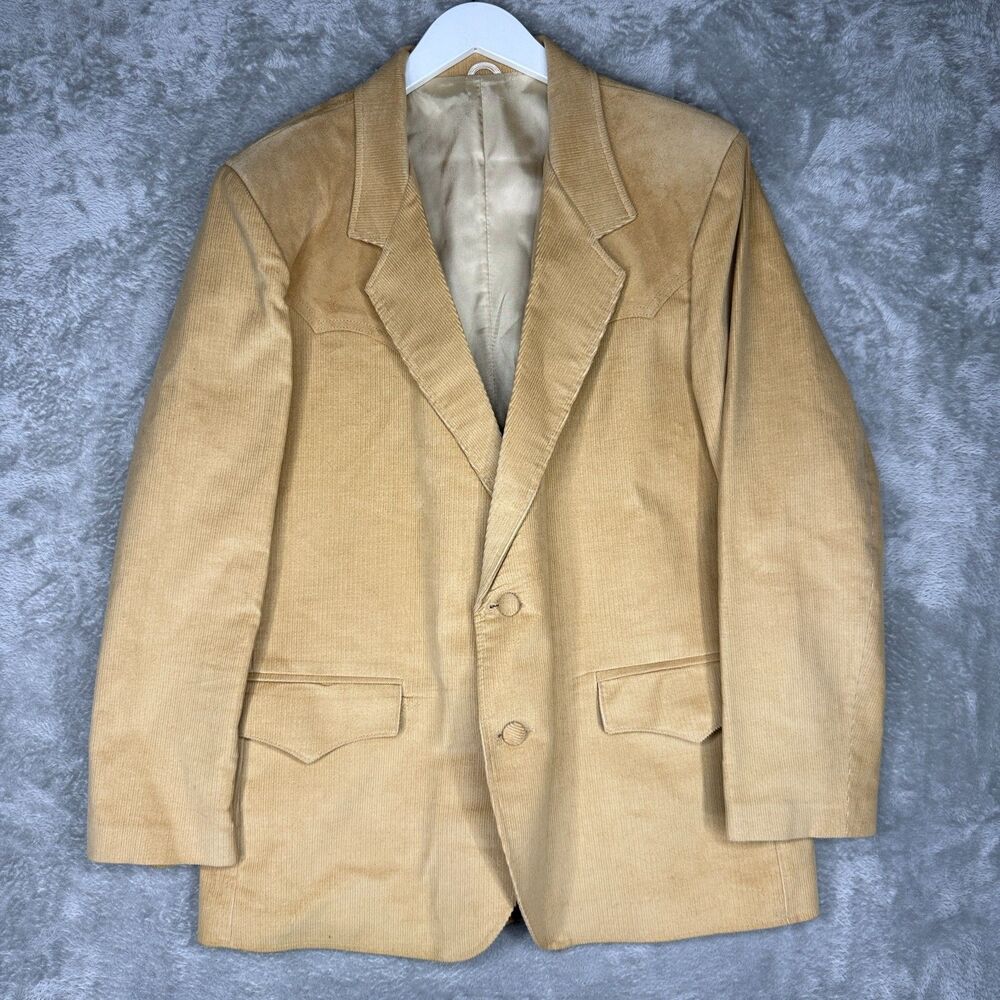 VTG Pioneer Wear Blazer Mens 46 Beige Corduroy Leather Western Jacket USA Cowboy